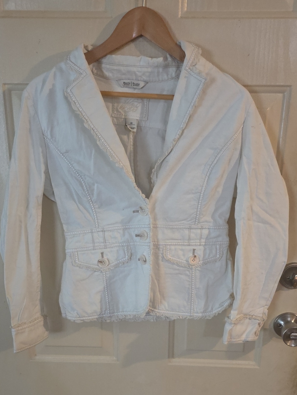 White House Black Market | White Frayed Hem Button Blazer